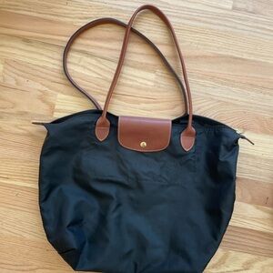 Longchamp Black Tote with Brown Leather Trim